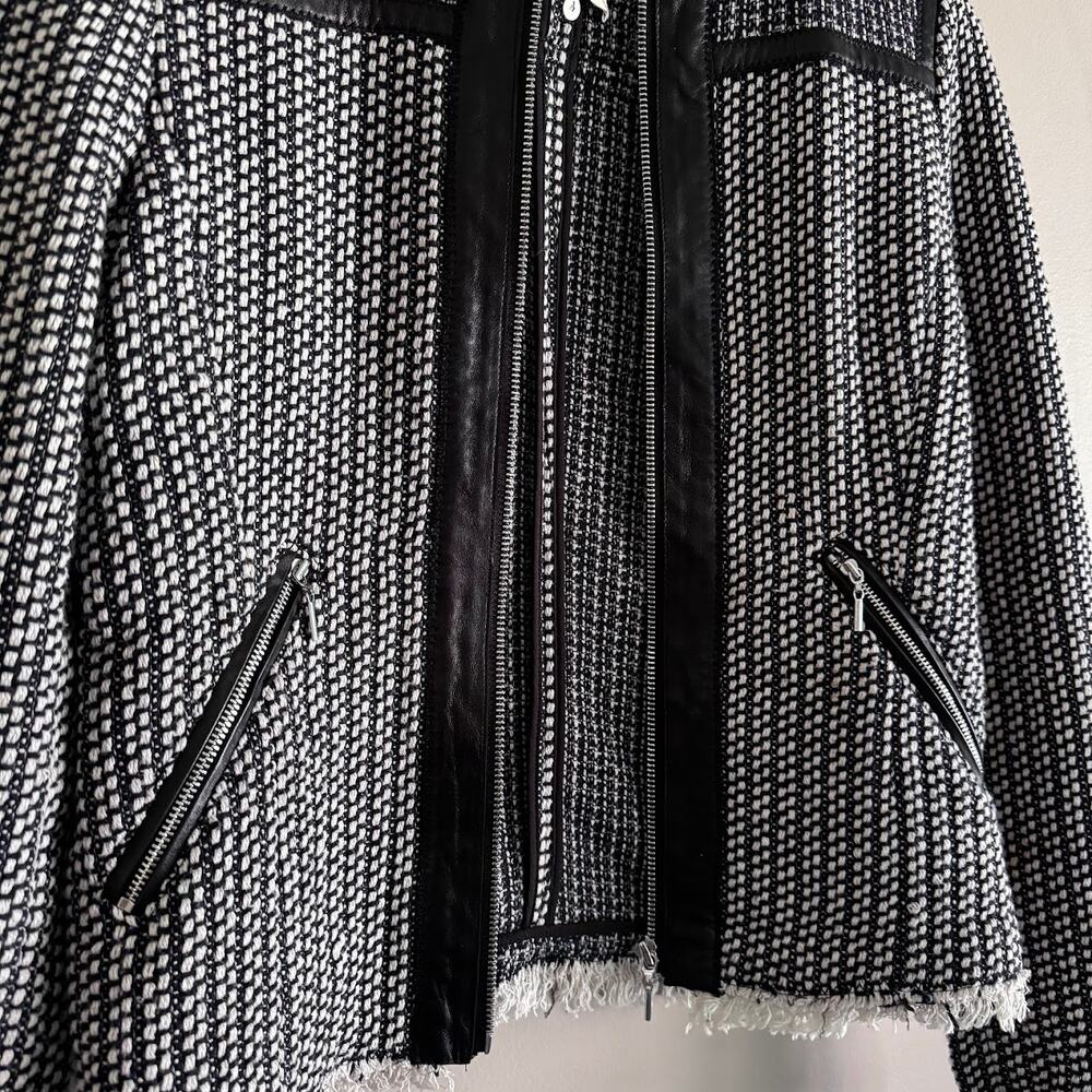❌SOLD❌ Rebecca Taylor Black and White Tweed Lamb Leather Trim Zip Jacket Blazer - Picture 5 of 11